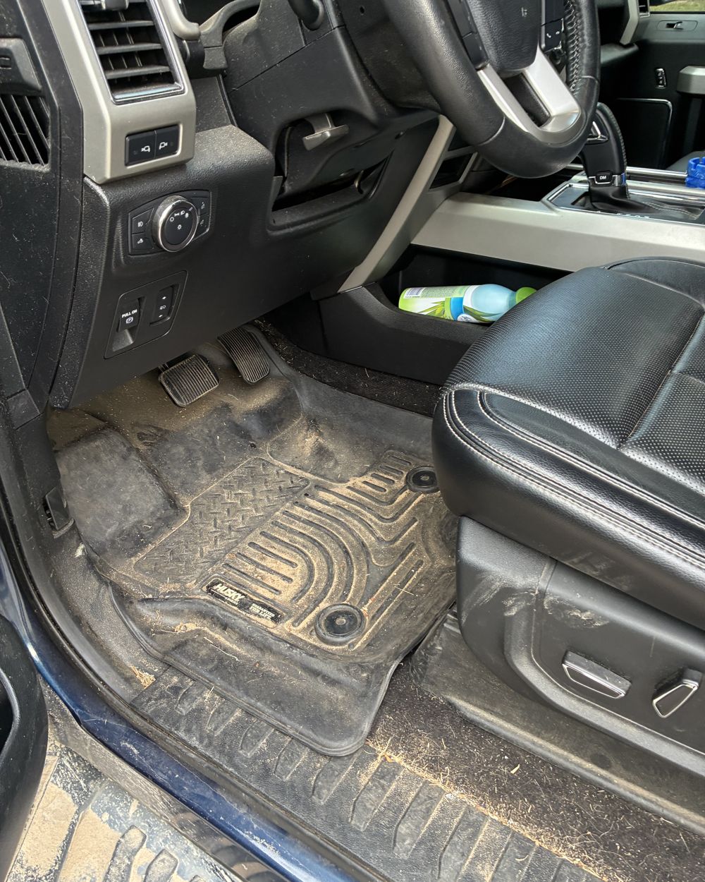 Before: Muddy truck floor mats before and after cleaning