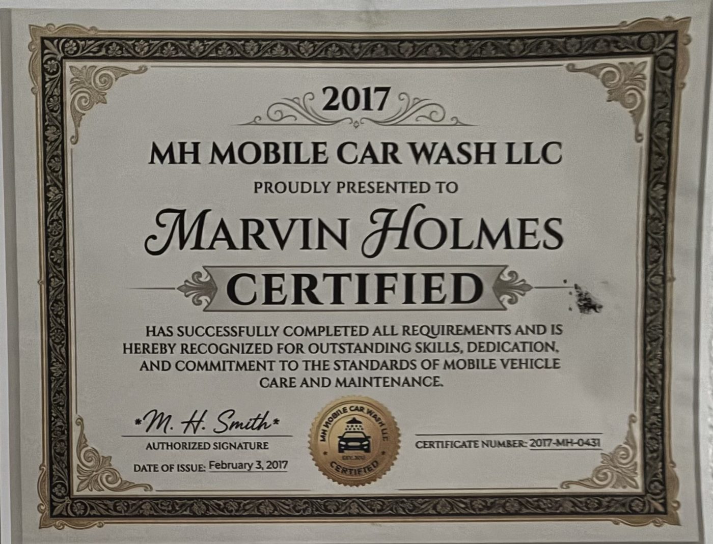 MH Mobile Car Wash LLC 2017 certification presented to Marvin Holmes